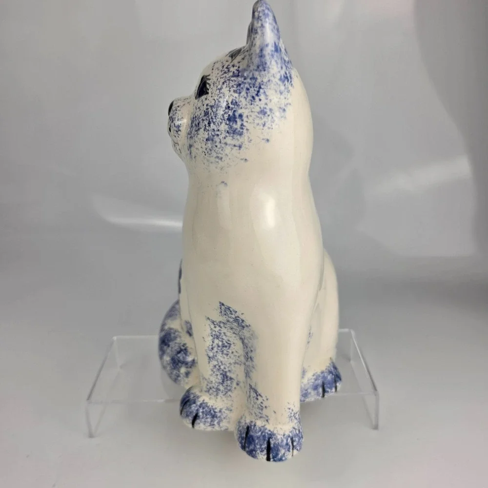 Vintage Blue White Cobalt Spongeware Ceramic Cat Figurine Large Sitting Folk Art
